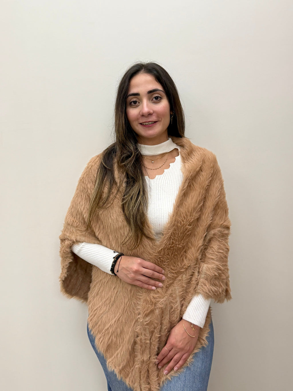 Beige Plush Fur Shawl