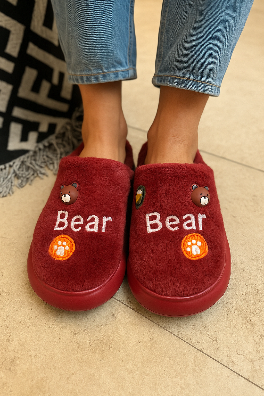 BearHug Fuzzy Winter Slippers – Burgundy