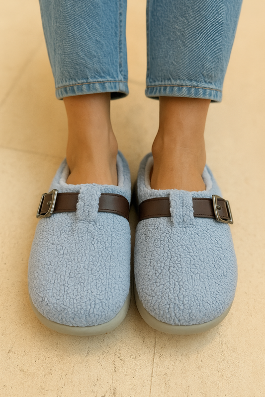 Plush Winter Slippers – Dusty Blue